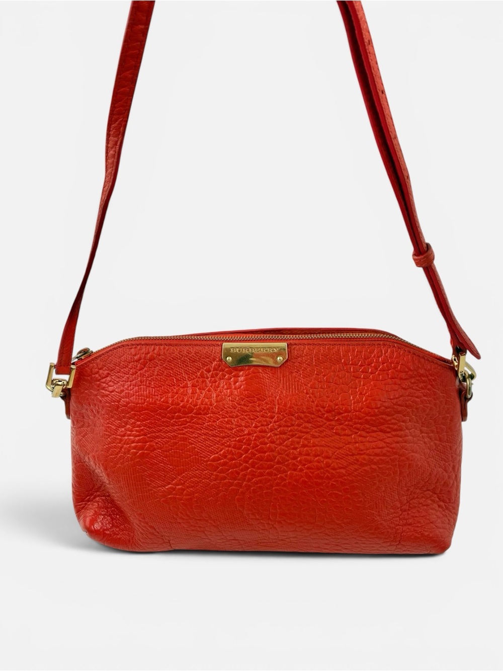 Burberry Red Orange Pebbled Leather Shoulder Bag Crossbody Purse Gold Hardware - Picture 3 of 9